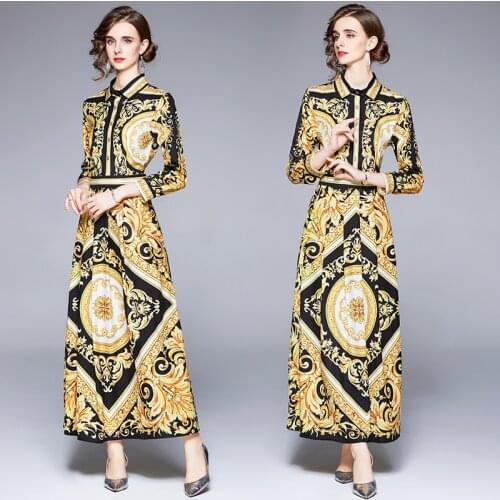 Womens Spring and Autumn New Long Sleeve Single-Breasted Lapel Retro Court Printed Slim-Fit Long Dress