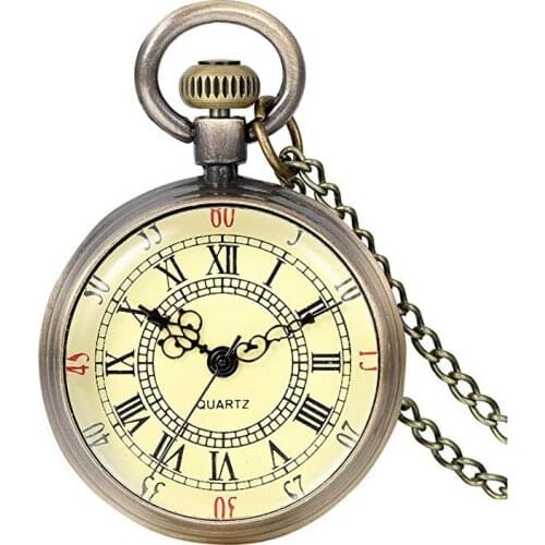 10pcs in Vintage Charm single case roman number beige dail Quartz pocket watch necklace promotion cosplay party hang gift