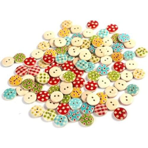 100PCS NEW Mixed color 15mm polka dot polka dot rustic plaid handmade diy accessories small wooden buttons Sewing Supplies