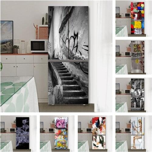 3D Gray Stairs Graffiti Refrigerator Sticker Adhesive Waterproof Poster Kitchen Fridge Door Decal Wall Sticker Koelkaststicker