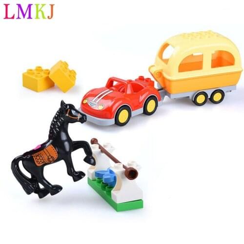 Big Size Diy Building Blocks Pink Girls Horse Trailer Car Figure Model Compatible with Duploed Toys for Children Kids Xmas Gift