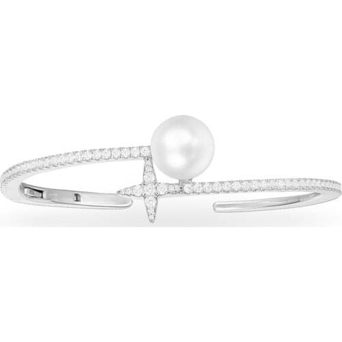 SLJELY Real 925 Sterling Silver Freshwater Pearl Open Cuff Zirconia Stones Star Bangle Statement Bracelet Women Fine Jewelry