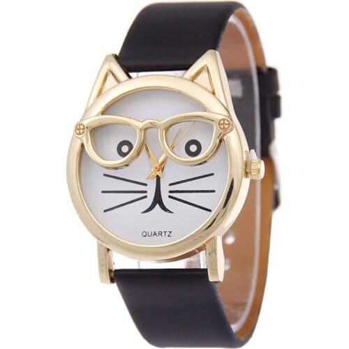 Fashion Lovely Cat Womens Quartz Wristwatches Leahter Lady Dress Watches Womens Bracelet Watch Relogio Feminino Students Clock