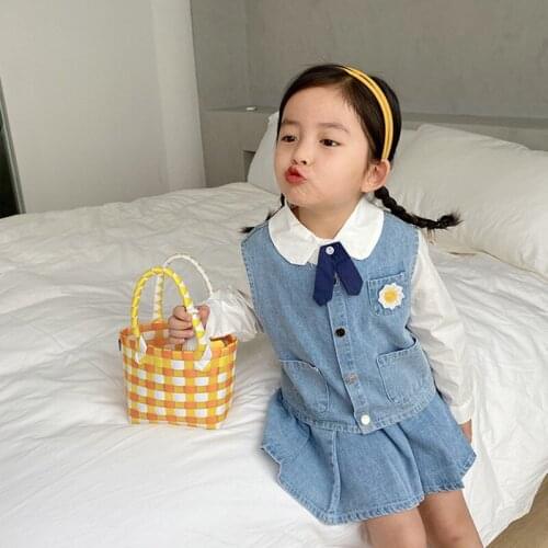 DFXD 2-8T Childrens Set 2020 Spring Autumn Girls Clothing Sets Fashion Loose Thin Denim Waistcoat Pleated Skirt 2pc Girl Outfit