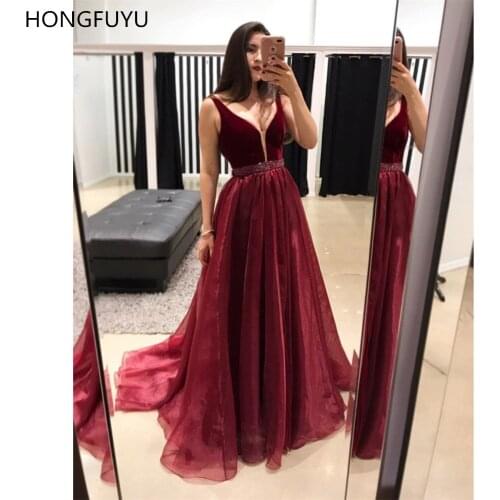 HONGFUYU Sexy V Neck Prom Dresses Long Robe De Soiree Evening Dress Burgundy Satin A-Line Special Occasion Dress for Wedding