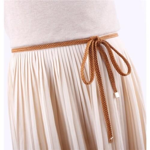 Girls Vintage Brown Thin Belts For Women Dress Knitted Woven Braided Strap Belt Waist Knotted Rope Luxury Fashion Ladies