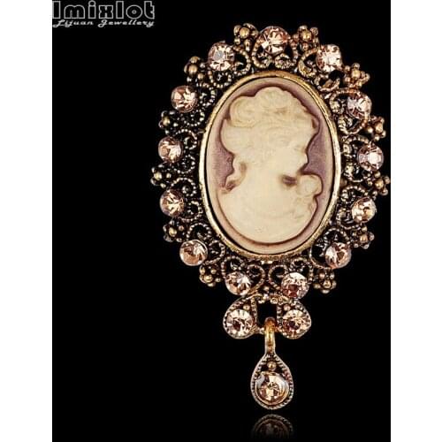 Imixlot Crystal Rhinestone Tassel Beauty Head Brooches For Women Fashion Jewelry Vintage Queen Cameo Brooch Pin Coat Accessories