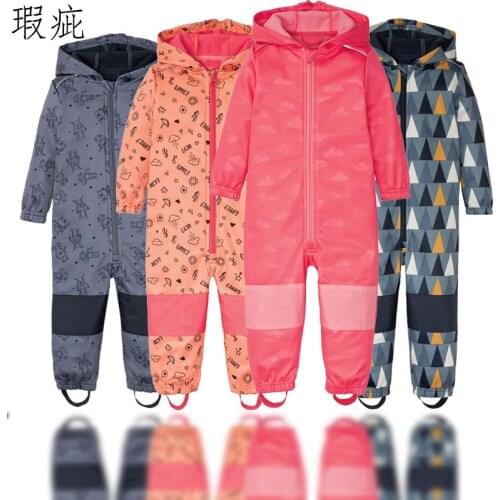 Childrens soft shell jumpsuit for 2-10 years old boys and girls plus fleece jumpsuit windproof and rainproof jacket
