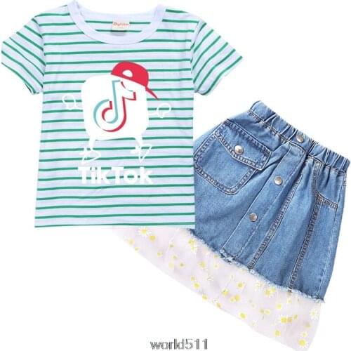 Toddler Girl Summer Clothes Kids Tik Tok Striped Tshirt and Botton Jeans Skirt 2pcs Sets Childrens Clothing birthday gift