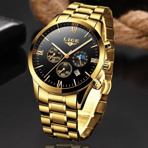 LIGE Fashion Top Brand Luxury Gold Watches Mens Stainless Steel Waterproof Quartz Clock Male Military Watch Relogio Masculino