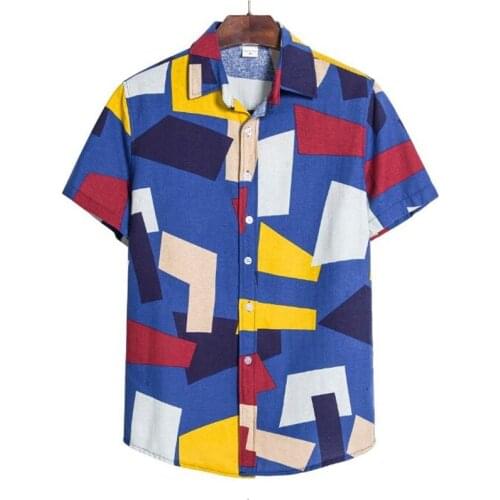 Summer Men Beach Shirt Geometric Print Short Sleeve Lapel Neck Button Leisure Hawaiian Shirts Men 2020 Streetwear M-5XL