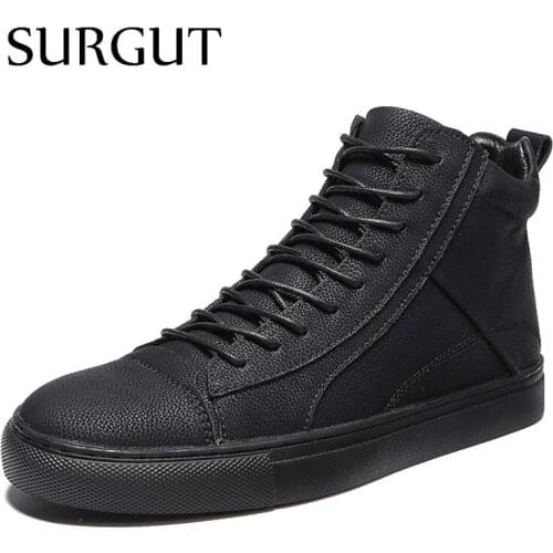 SURGUT New 2021 Men Leather Boots Fashion Autumn Winter Warm Cotton Brand Ankle Boots Lace Up Men Footwear Casual Snow Boots