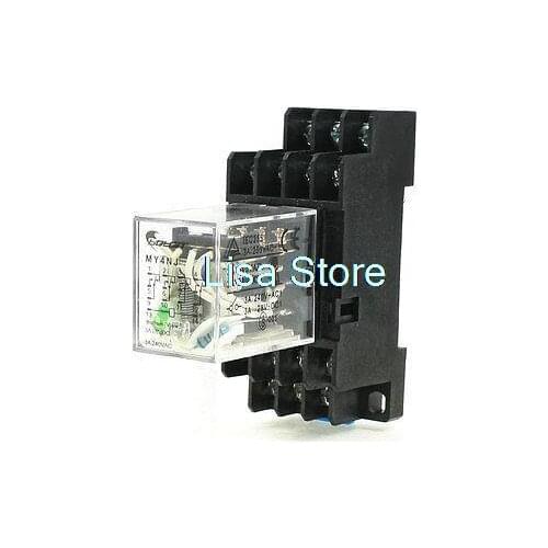 MY4NJ DC 24V Coil 3A Electromagnetic Relay 14 Pin 4PDT 4 NO 4 NC w Base Socket