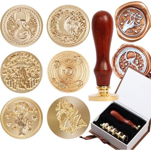 6pcs Wax Seal Metal Plant Stamp Set Handle Sealing Wax Stamps Head Vintage Flower Rocket Copper Head For Scrapbooking Decor
