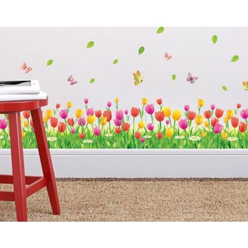 Tulip Flowers Grass Butterflies Wall Stickers Removable Wall Mounted Stickers Home Mural Window Walls Decor
