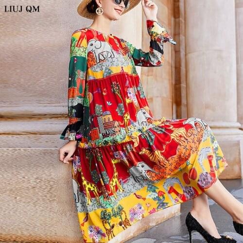 2021 New Spring Summer Dress Women O neck Printed Floral Dress Fashion Long-Sleeved Loose Silk Dresses Ladies Plus size Sundress