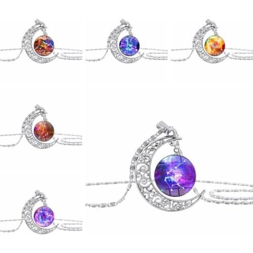New Star Sky Universe Planet 12 Constellation Logo Crescent Necklace Time hollow Half Moon Planet Zodiac Necklace jewelry