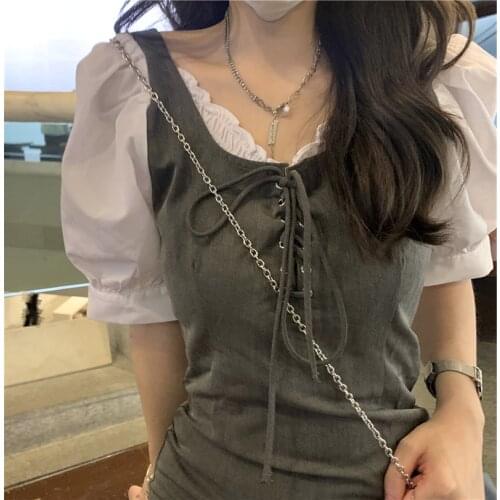 Two piece dress with bone cool high sense fake summer grey stitching slim fit short sleeve design rust