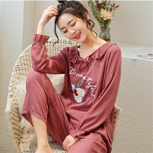 Pajamas female long-sleeved sexy nightgowns plus size home service suit spring and summer cotton thin camison sexy mujer