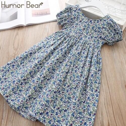 Humor Bear Summer New Girls Dress Flower Girls Round Neck Bubble Sleeves Party Dress Cute Casual Princess Dress Baby Clothing