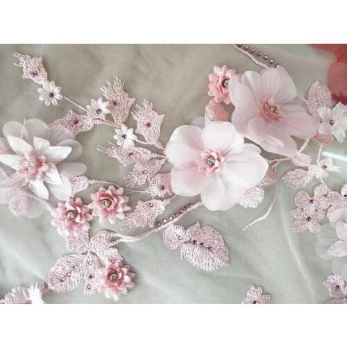 Luxury 3d floral embroidered lace fabric with rhinestone for bridal dress, haute couture, flower girl dress making sell by the y