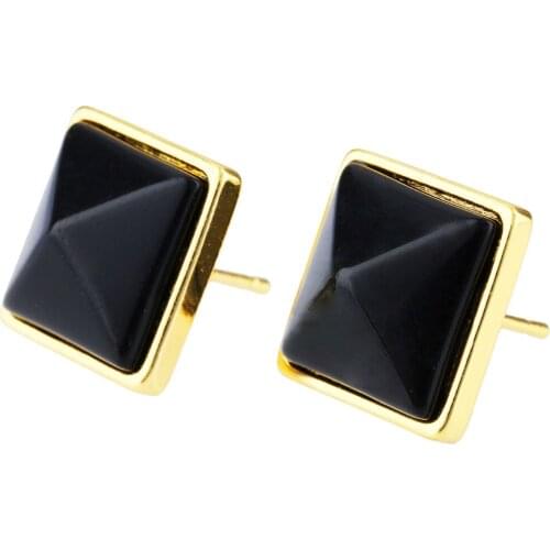 TUMBEELLUWA Black Onyx Pyramid Healing Crystal Beads Gold Tone Stud Earrings for Women