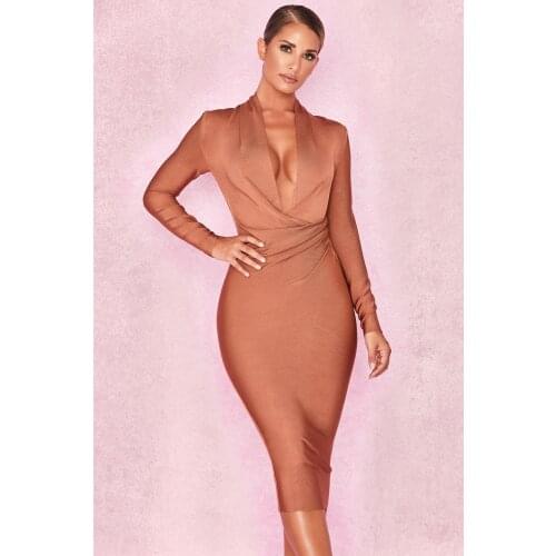 Star with European and American sexy temperament womens deep V-neck pencil skirt bandage dress