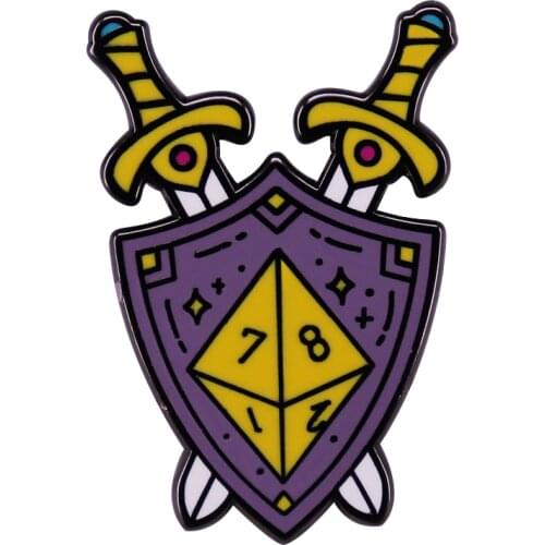 A gorgeous D8 dice Enamel Pin Brooch Featuring two swords lain behind the dice shield Badge