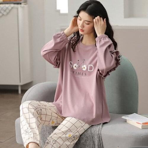 Women Plus Size Pijama Cute Green Daisy Print Sleepwear Women Pajamas Set Autumn Winter Warm Pyjamas Long Sleeves Cotton Pijamas