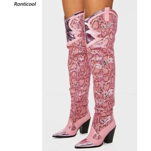 Ronticool New Women Spring Over The Knee Boots Snake Pattern Chunky Heels Pointed Toe Adorable Pink Party Shoes Us Size 5-10.5