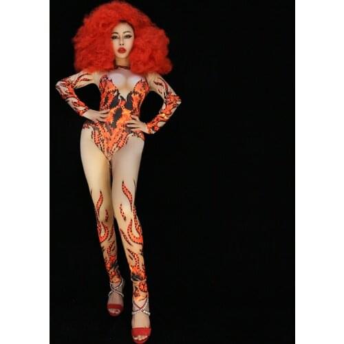 Women New Flame Pattern Shiny Rhinestone Sexy Jumpsuit Bar Nightclub Female Singer DJ Stage Costume Club Pole Dancing Jumpsuit