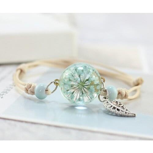 New Boho Vintage Charm Bracelet Handmade Real Dry Flower Glass Ball Weave Adjustable Bracelets Bangle for Women Fashion