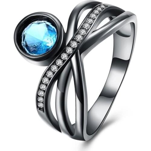 New Ocean Blue Zircon Stone Cross Design Women Ring Black Gun Color Exquisite Ladies Anniversary Party Engagement Finger Ring