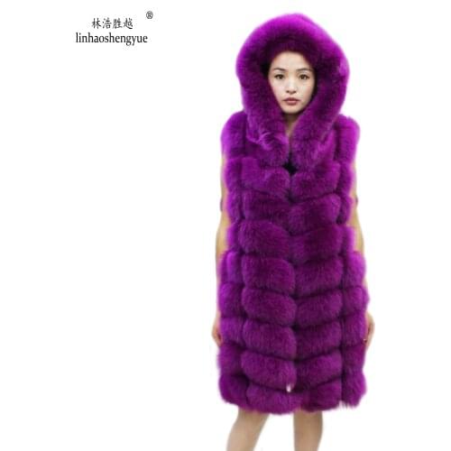 Linhaoshengyue The Real Fox Fur Vest with Hood Long 90cm Women Real Fox Fur Vest