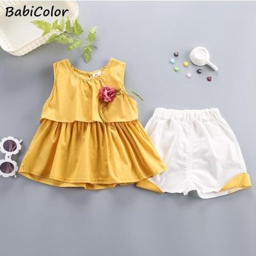 BabiColor Summer Baby Girls Clothes Toddler Girls Cartoon T-shirt + Overalls Pants Outfit Set Children Girls Summer Set Clothing
