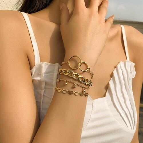 Bohemia Heart Bangles Bracelets for Women Gold Silver Color Round Circle Chunky Chain Bracelet On Hand 2021 Fashion Jewelry