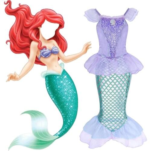 Girls Little Mermaid Fancy Dress Up Clothes Children Ariel Summer Sleeveless Outfit Clothes Kids Halloween Princess Costume Wig