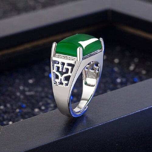Ethnic Style Domineering Mens Ring Hollow Male Ring Micro-set Zircon Green ChalCedony Ring