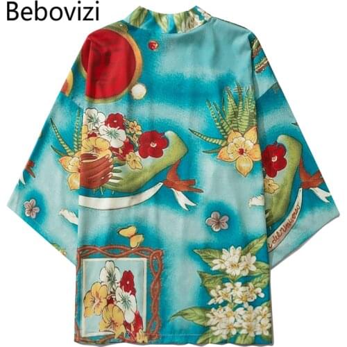 Bebovizi Harajuku Green Kimono Men Japanese Flowers Thin Streetwear Traditional Cardigan Yukata Male Haori Obi Clothing