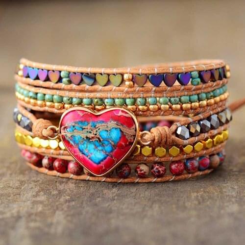 Premium Classic Heart Shape Leather Wrap Bracelets W/ Mix Stone Jaspers Beads Strand Bracelet Classic Jewelry Bijoux Dropship