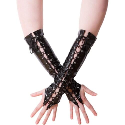 Latex Gothic Fetish Clubwear Elbow Gloves Womens Fashion Lace Up Fingerless Gloves Black Red PVC Leather Dancing Adult Games