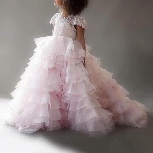 Cute Baby Girl Pale Pink Tiers Birthday Dress Girls Celebration Dresses For New Year Wedding Flower Girl Dress