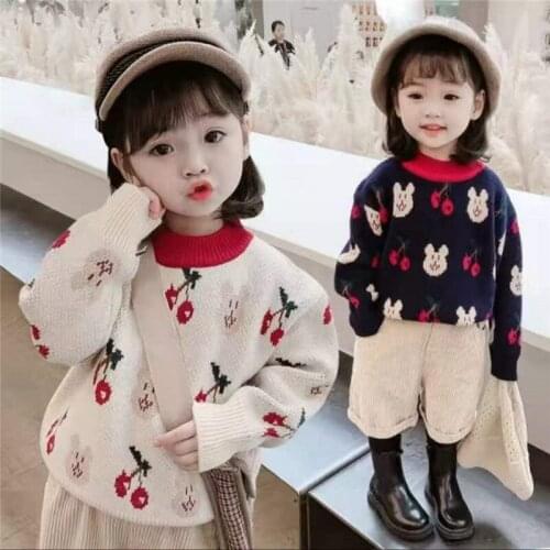 Cool Baby Girl Boys Blue Casual Fleece Sweater Childrens Knitted Woolen Autumn/Winter Kids Cute Cherry Rabbit Gift Keep Warm