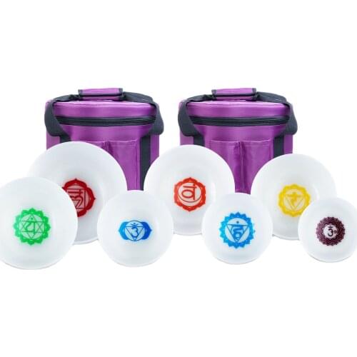 Chakra set of 7 PCS 7"-12" Note CDEFGAB Frosted Quartz Crystal Singing Bowls 432Hz with free 12" 11"carry bags