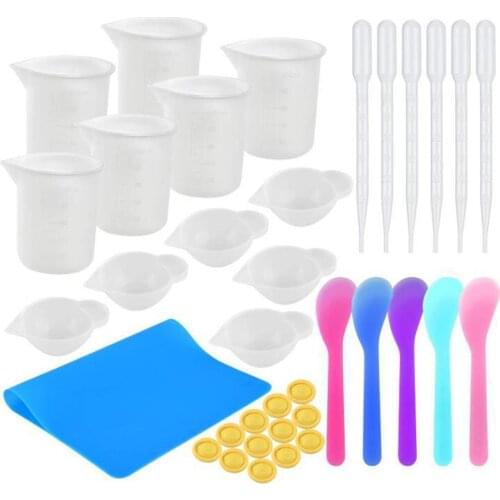 36 IN 1 Silicone Resin Mold Tools Set with Nonstick Mat Pad Large Measuring Cups for DIY Jewelry Craft Making Nail Art Pendant
