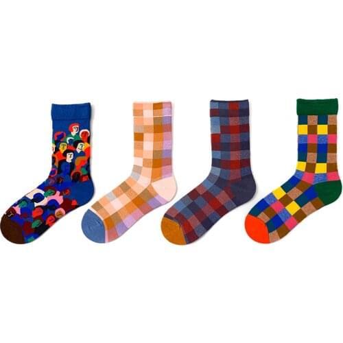 Socks Woman Funny Kawaii Happy Socks Geometric Lattice Plaid Personality Stripe Hip Hop Skateboard Unisex Men Female Socks