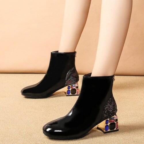 2020 New Arrival Patent leather Ankle Boots Feminine Knight Shoes Womens fashion Thick heel Fancy diamond High Heels Booties 39