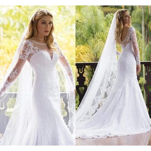 Long Sleeve Mermaid Wedding Dresses Sheer Scoop Neck Applique Lace Tulle Floor Length Custom Made Court Train Bridal Gowns