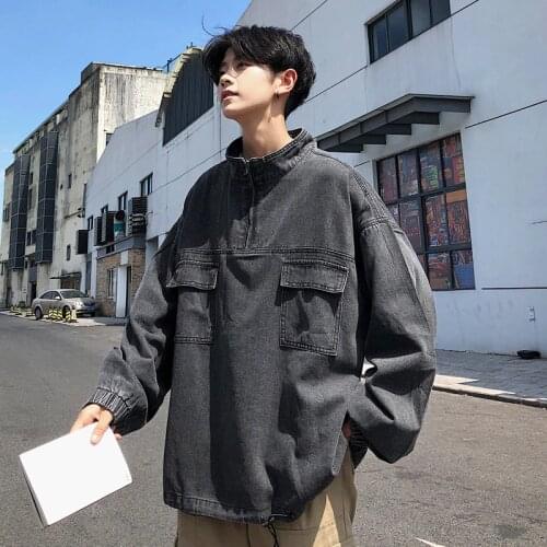 Korean Style Pullover Denim Jacket Mens Fashion Retro Casual Denim Jackets Mens Streetwear Wild Loose Hip-hop Bomber Jacket Men