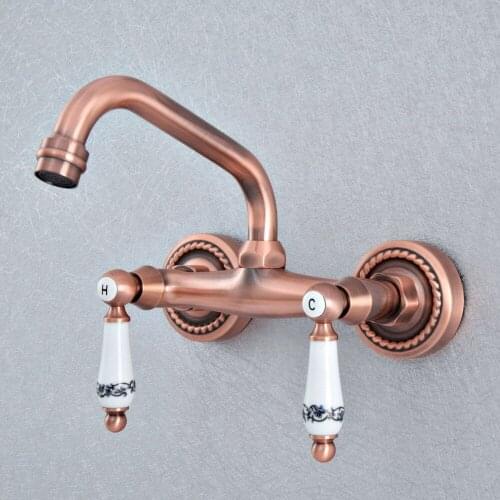 Antique Red Copper Dual Handles Bathroom Kitchen Sink Faucets Wall Mounted Swivel Spout Two Holes Kitchen Mixer Taps zsf890